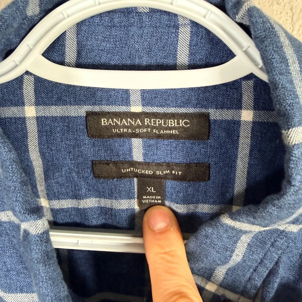 Banana Republic Ultra Soft Flannel Shirt Mens XL Blue Plaid Untucked Slim Fit